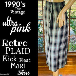 ▪️VTG▪️ULTRA PINK▪️1990's Retro Check Plaid Kick Pleat Button Maxi Skrit